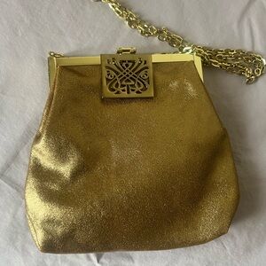 Vintage BIBA Gold metallic frame purse with chain strap.
